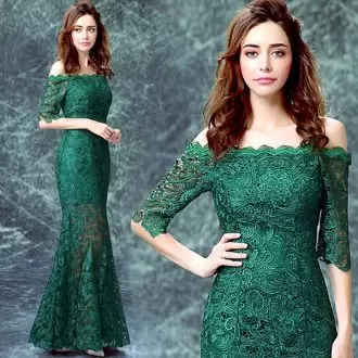 Half Sleeves Floor Length Lace Lace Up Evening Dress with Green