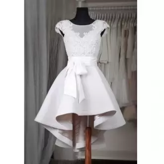 Most Popular White Short Sleeves High Low Lace and Bowknot Lace Up Homecoming Dresses Scoop