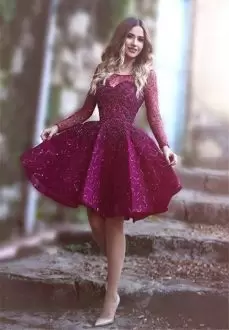 Beauteous Red A-line Scoop Long Sleeves Mini Length Lace Up Beading Dress for Prom