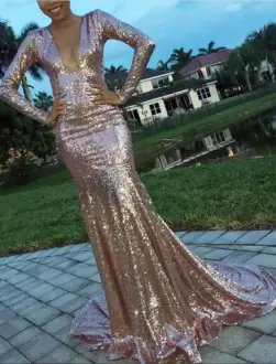 Gold Mermaid V-neck Long Sleeves Sequined Sweep Train Backless Sequins Prom Gown