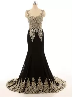 Black Sleeveless Sweep Train Beading and Lace Floor Length Prom Dress