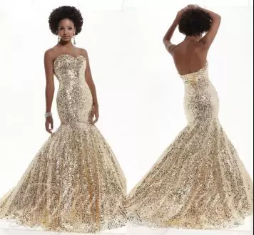 Inexpensive Sweetheart Sleeveless Sweep Train Lace Up Prom Evening Gown Gold Sequined Sequins