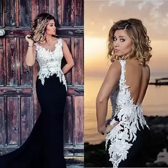 Sleeveless Satin Floor Length Sweep Train Lace Up Prom Dress in White with Beading and Lace