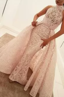 Customized Pink Sleeveless Sweep Train Lace Up Hoco Dress for Prom and Party and Military Ball