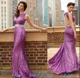 Purple Scoop Backless Sequins and Belt Homecoming Dresses Sweep Train Sleeveless