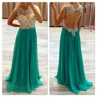 Beading and Lace Junior Homecoming Dress Green Backless Sleeveless Floor Length Sweep Train