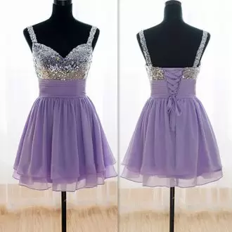 Extravagant Purple Empire Sequins and Ruching Prom Dresses Lace Up Chiffon Sleeveless Knee Length