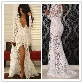 Long Sleeves V-neck Brush Train Beading and Lace Backless Prom Dresses