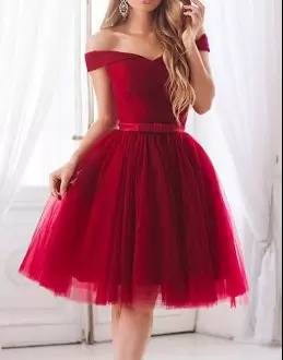 Clearance Knee Length Red Tulle Sleeveless Belt Prom Dress