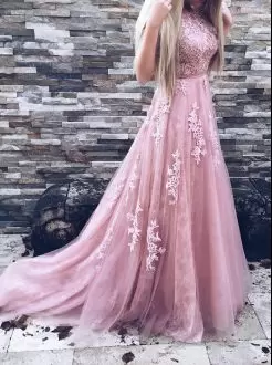 Custom Designed Scoop Sleeveless Tulle Prom Dresses Lace and Appliques Brush Train Backless