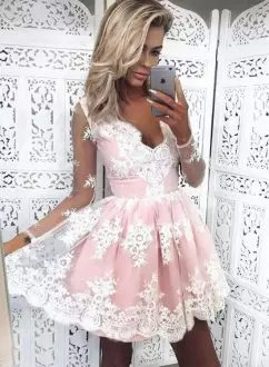 Pink Long Sleeves Mini Length Lace Zipper Prom Gown V-neck
