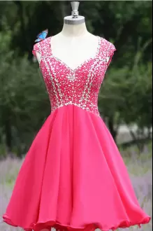 Chiffon Straps Cap Sleeves Backless Beading Prom Dresses in Hot Pink