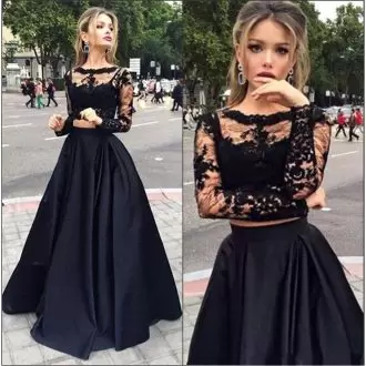 Enchanting Black Two Pieces Scoop Long Sleeves Satin Floor Length Lace Up Appliques Dress for Prom