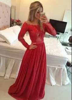Beading and Lace and Ruching Prom Evening Gown Red Lace Up Long Sleeves Floor Length