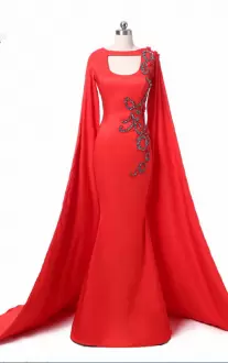 Fantastic Red Long Sleeves Beading Zipper Prom Party Dress Scoop