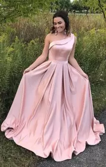 Hot Sale Pink Sleeveless Brush Train Ruching Prom Evening Gown