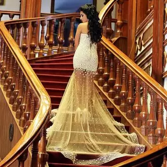 High End Champagne Mermaid Beading Homecoming Dress Online Lace Up Tulle Sleeveless
