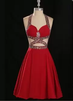 Simple Red Beading Halter Top Short Homecoming Dress Online Backless Chiffon Mini Length