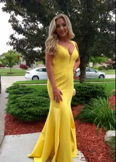 Simple Yellow Open Back Mermaid Homecoming Dress with Train Under 100