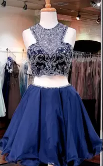 Modest Royal Blue Backless Homecoming Dress Beading Sleeveless Mini Length