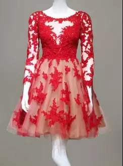 Red Lace Up Dress for Prom Appliques 3 4 Length Sleeve Mini Length