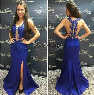 Royal Blue Column Sheath Appliques Prom Homecoming Dress Zipper Sleeveless Floor Length