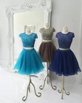 Blue Homecoming Dress Prom and Party and Military Ball with Beading Scoop Short Sleeves