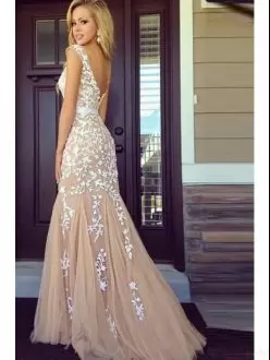 Trendy Champagne Mermaid Tulle Scoop Sleeveless Lace and Appliques and Belt Zipper Homecoming Dress Sweep Train