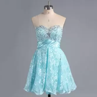 Beading and Lace Homecoming Dress Turquoise Zipper Sleeveless Mini Length