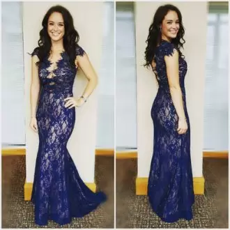 Nice Floor Length Side Zipper Blue for Prom and Party with Lace