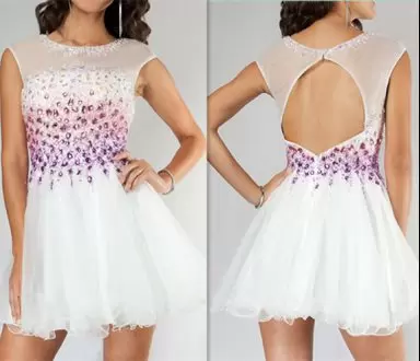 Custom Designed Mini Length Backless Prom Party Dress White for Prom and Party with Beading