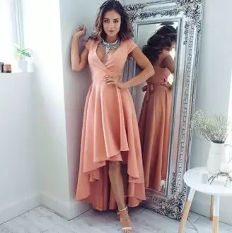 High Low Peach Prom Evening Gown V-neck Short Sleeves Lace Up