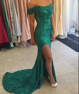 Sparkly Green Off Shoulder Sequins Prom Dress with Train and Slit