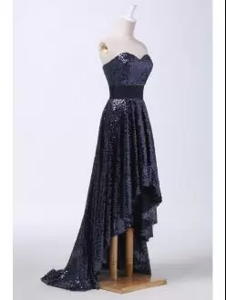 Navy Blue Sequined Lace Up Sweetheart Sleeveless High Low Sequins