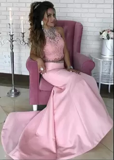 Exceptional Floor Length Lace Up Prom Dress Pink and Hot Pink for Prom and Party with Beading and Lace Brush Train