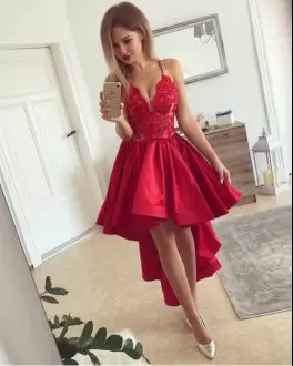 Sleeveless Satin High Low Backless Junior Homecoming Dress in Red with Lace