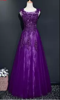 Scoop Sleeveless Lace Up Evening Dress Purple Tulle Appliques