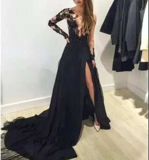 Chiffon Long Sleeves Brush Train Lace Prom Dress in Black