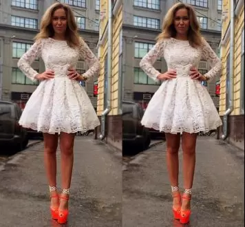 Cheap Long Sleeves All Lace Short Prom Dress White Color