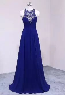 Scoop Sleeveless Homecoming Dress Floor Length Beading Royal Blue Chiffon