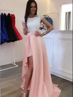 White and Peach Lace Up Ruching Sleeveless High Slit Prom Dress with Short Sleeves