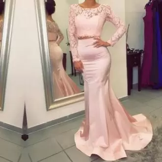 Beautiful Pink Satin Zipper Scoop Long Sleeves Prom Evening Gown Brush Train Lace