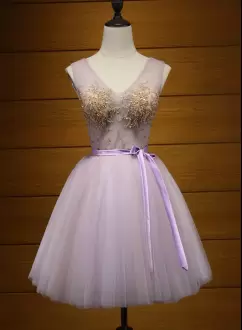 Mini Length Lace Up Prom Party Dress Lavender for Prom and Party and Military Ball with Beading