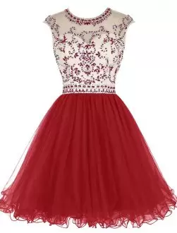 Scoop Illusion Neckline Beaded Bodice Lace Up Red Rulle Beading Prom Dress