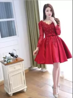 Most Popular Red Evening Dress V-neck Long Sleeves Lace Up