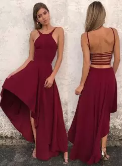 Free and Easy High Low Backless Hoco Dress Burgundy for Prom and Party and Military Ball with Ruching