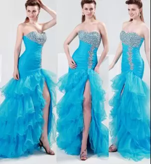 Elegant Blue Sleeveless Floor Length Beading and Lace Lace Up Prom Gown Strapless