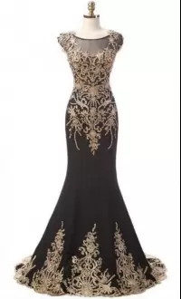 Black Lace Up Prom Dresses Appliques Sleeveless Sweep Train