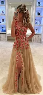 High Class Champagne Sleeveless Tulle Sweep Train Lace Up Evening Dress for Prom and Party