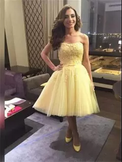 Yellow Tulle Sleeveless Tea Length Appliques Prom Dress